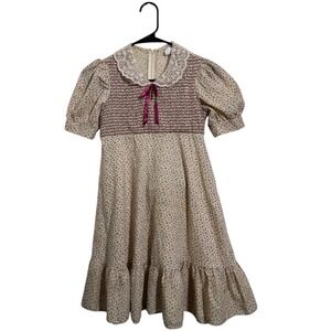 The Beaux Age True Vintage Floral Prairie Dress Smocked Lace 70s Retro Girls 10